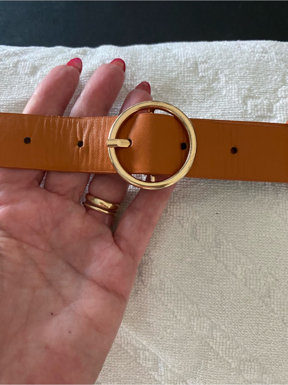 Women's Tan Leather Belt with Gold Round Buckle